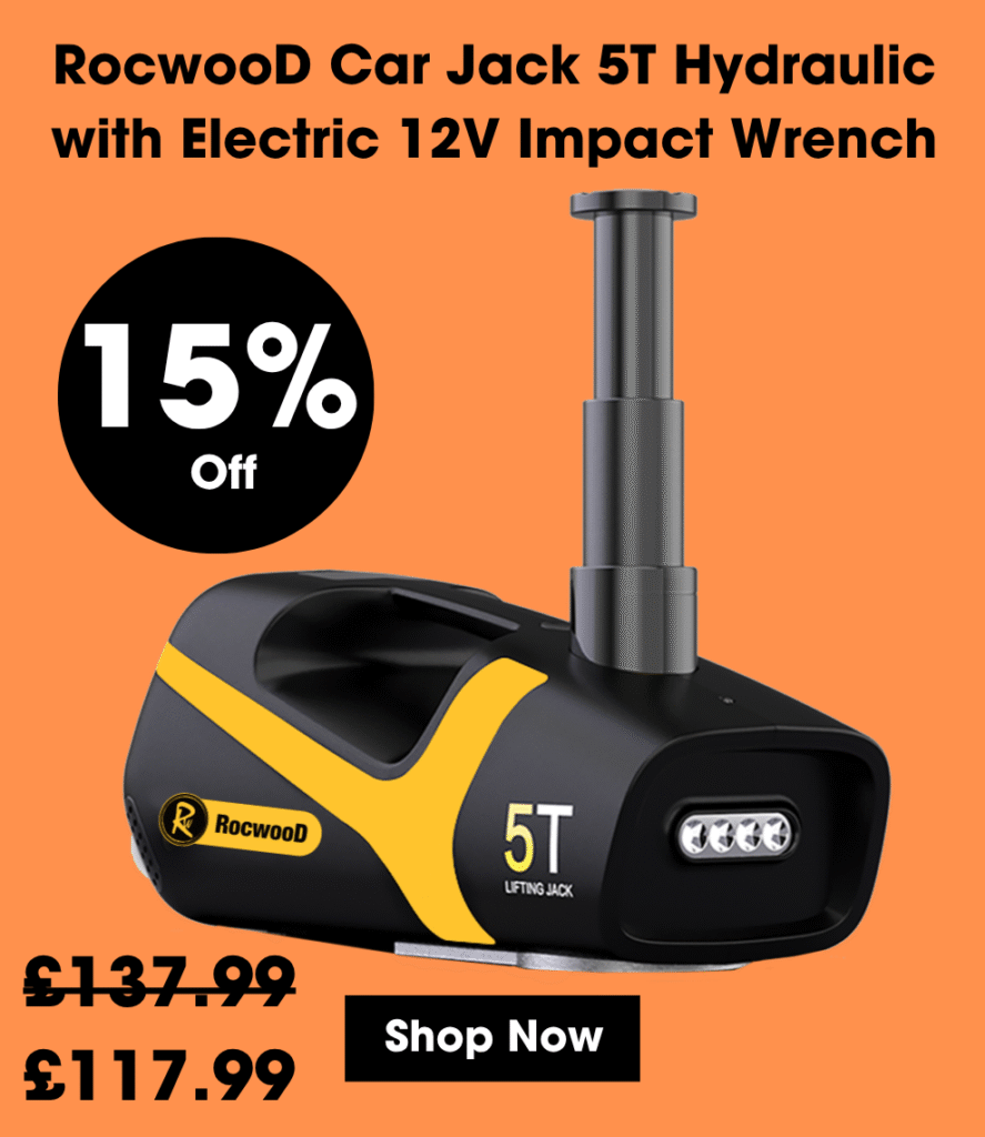 The RocwooD RWBTJ5.0 electric car jack kit. Low noise, quick speed and stable performance, this is the kit for you. Designed for car maintenance such as replacing flat tyres, this RocwooD electric car jack kit is handy to have. It comes with all the accessories needed, so you can safely work on your vehicle. Built in LED lighting allowing you to work in the dark.