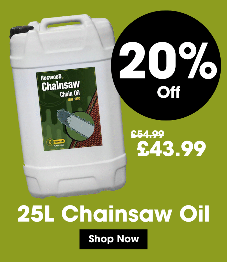 Our High Grade ISO 100 Chain Oil has a special “Tacky” Additive which Resists ‘Flinging’, thus Protecting the Saw Chain and Guide Bar from Wear and Tear, Leading to Extended Chain Life.